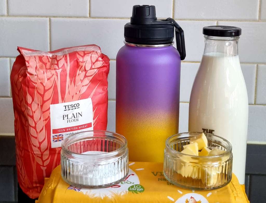 Pancake ingredients to make the best scotch pancakes and you can even carry the batter in your water bottle to share with friends or bring dessert to a party.