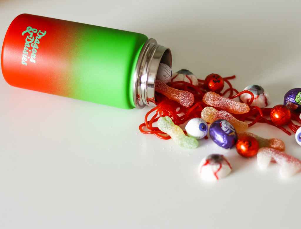 350ml Watermelon (Red and Green) Lunch Pot being used as a sweet caddy for Halloween