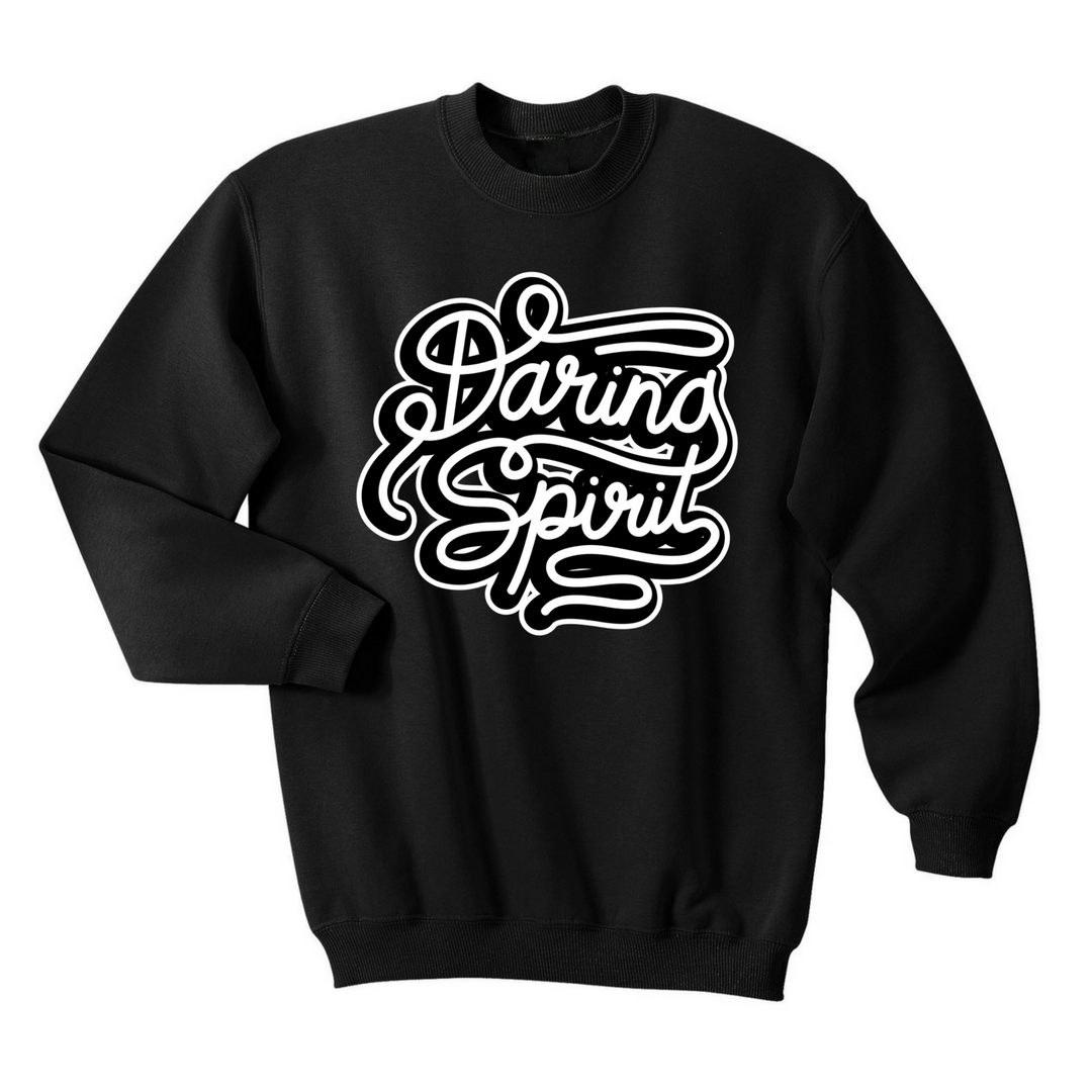 Fleece lined street style black graphic crew neck sweatshirt jumper for kids with a black and white Daring Spirit vinyl print