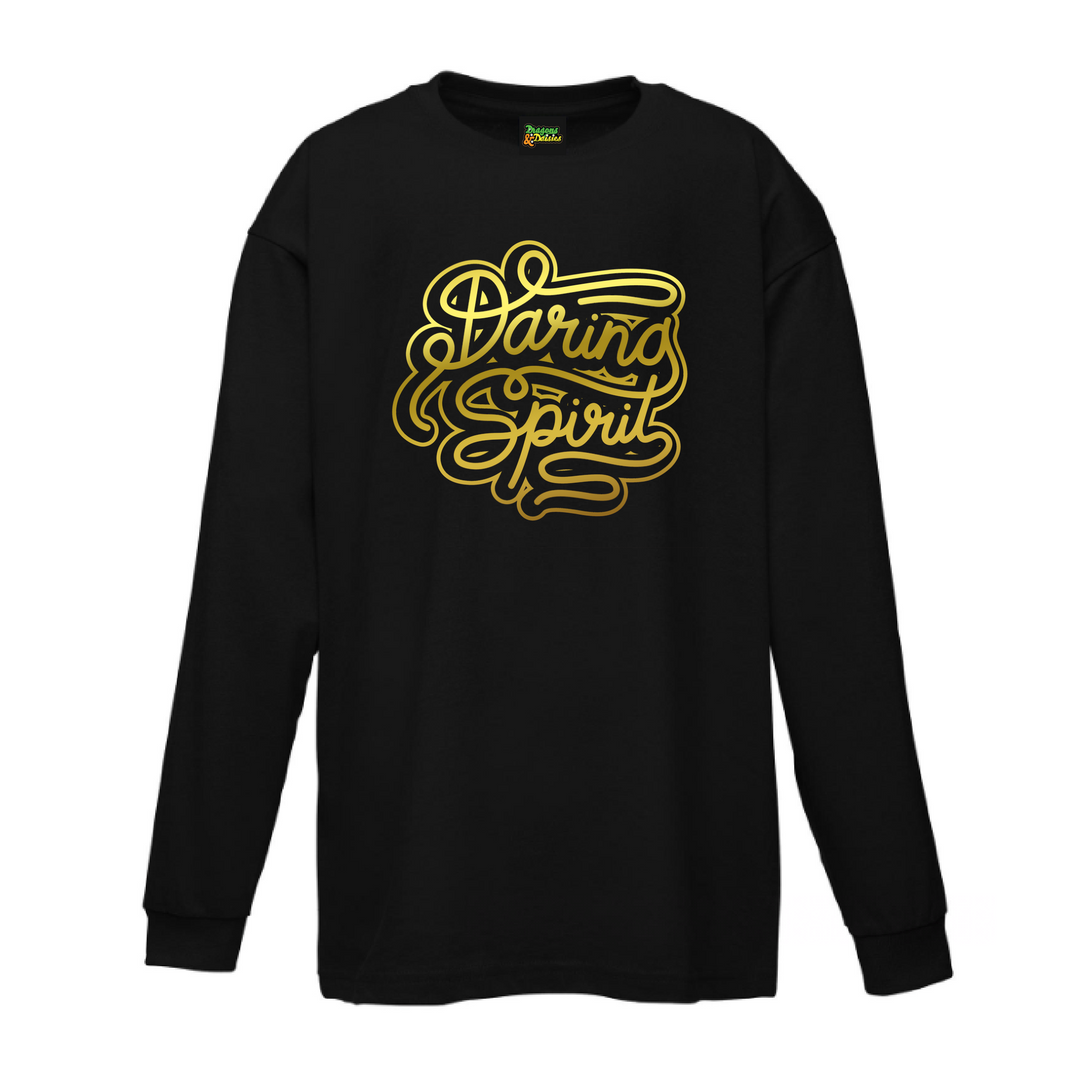 A black long sleeve crew neck cotton tshirt for baby, toddler and tween with a metallic gold logo printed on the front.