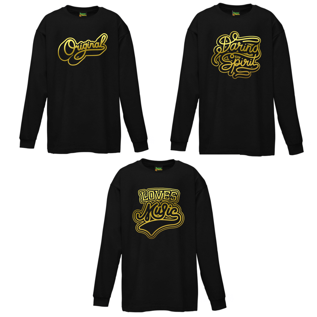 A black long sleeve crew neck cotton tshirt for baby, toddler and tween with a metallic gold logo printed on the front.